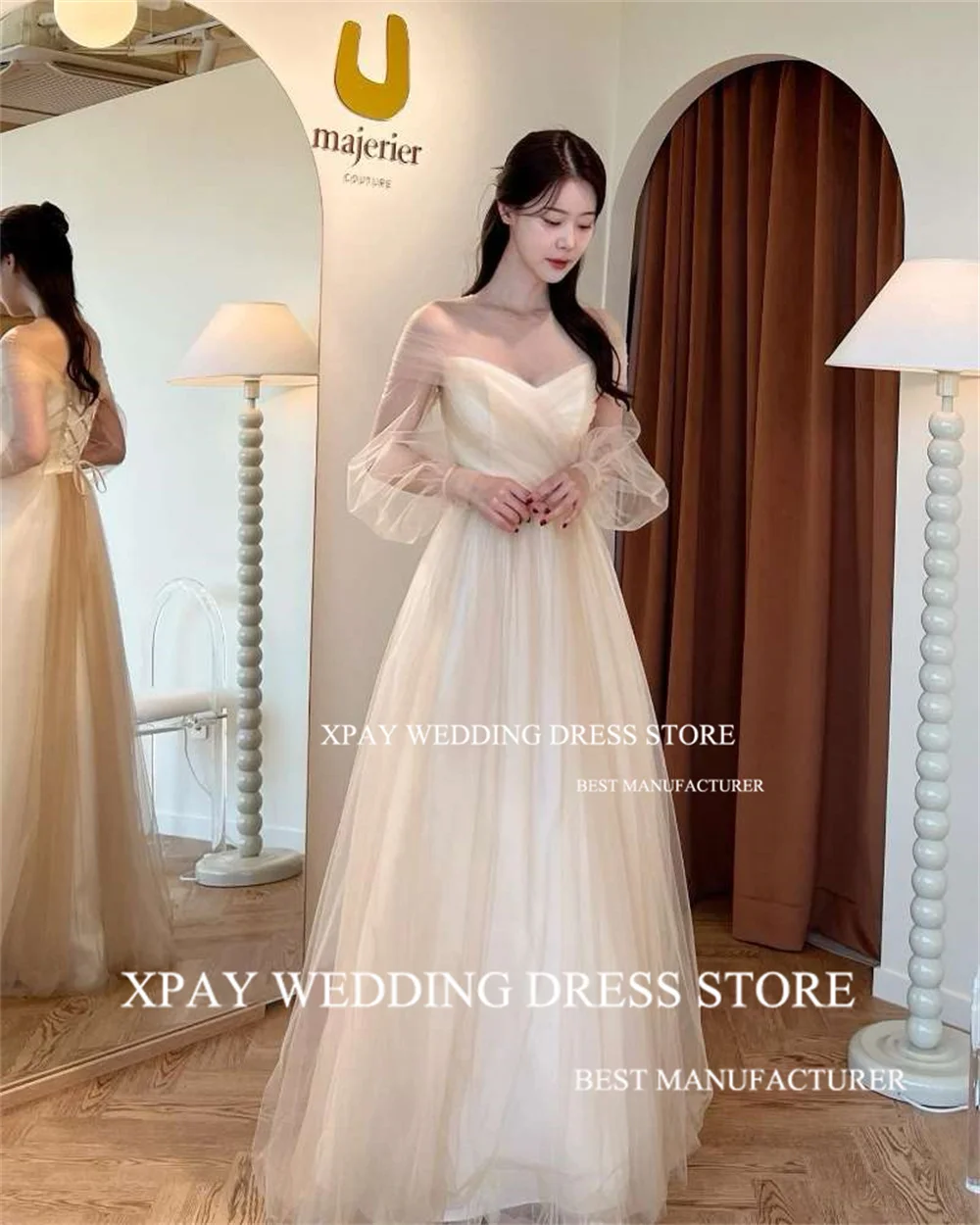 XPAY V Neck Long Puff Sleeve Korea Wedding Dress Princess Photo Shoot Off Shoulder Champagne Corset Back Customised Bridal Gown 2