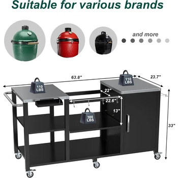 Grill Table for Big Green Egg Style BBQ, Heavy Duty Metal Outdoor Grill Station Prep Table with Storage 4