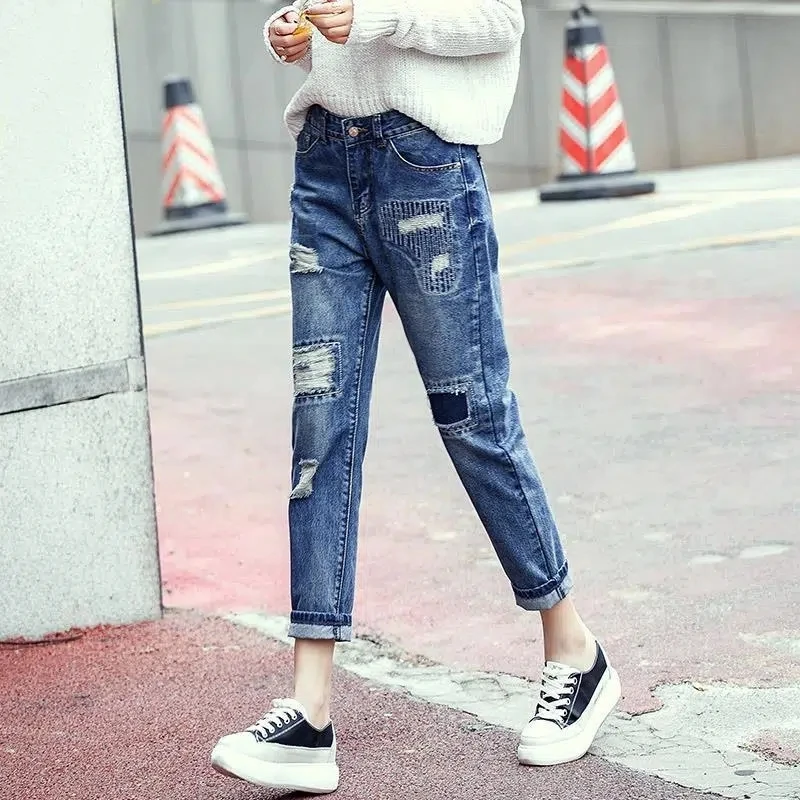 

Korean Hole Jeans Women's High Waist Ankle-Length Pants 2023 Spring Autumn New Student BF Beggar Pants Loose Straight Denim Pant