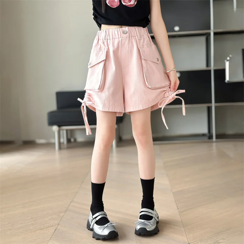 New Casual Kids Side Drawstring Shorts with Pocket for Tween Girls Summer Bottoms Clothes Fashion Child Cargo Shorts with Pocket