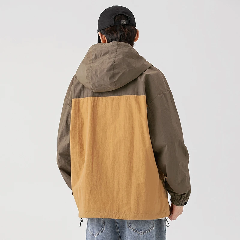 High Quality Men Spring Jacket Patchwork Hooded Zip Windbreaker Lightweight Coat Outdoor Windproof Loose Fashion Couple Clothing