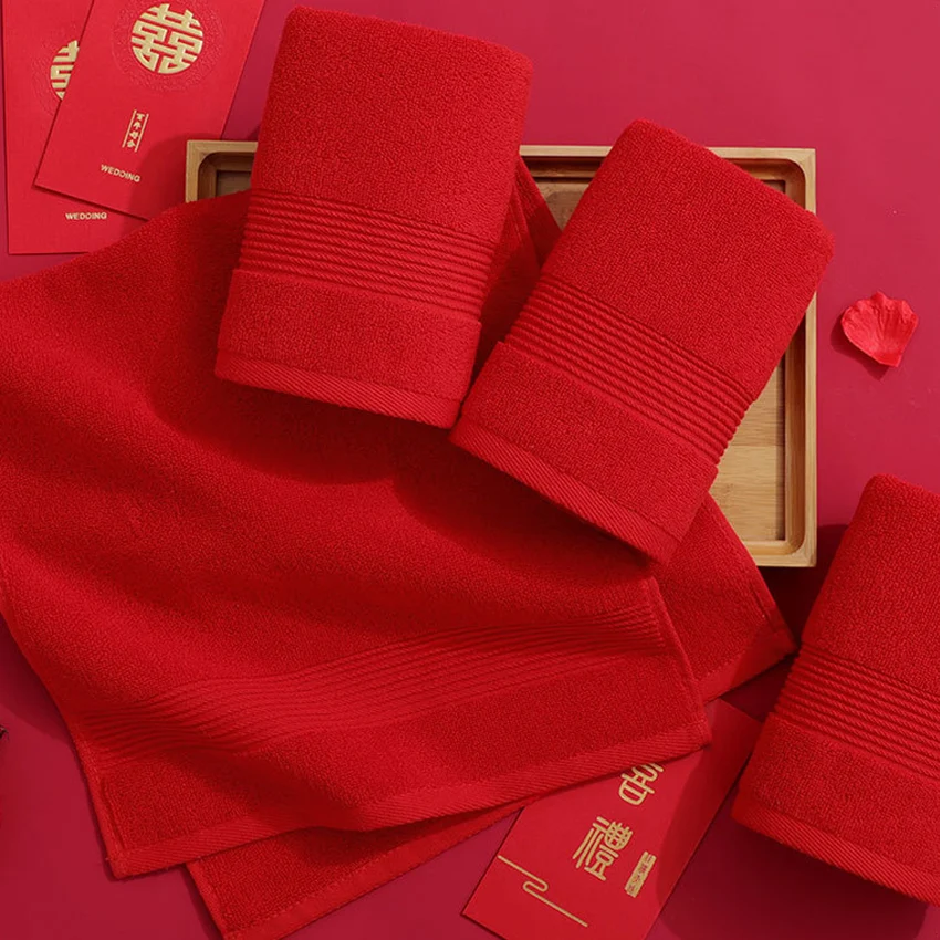 Red Cotton Towels Wedding Gift Face Towel Solid Color Soft Thick Towel 34*74cm for Adults Kids Home Bathroom Toalla Serviette 6