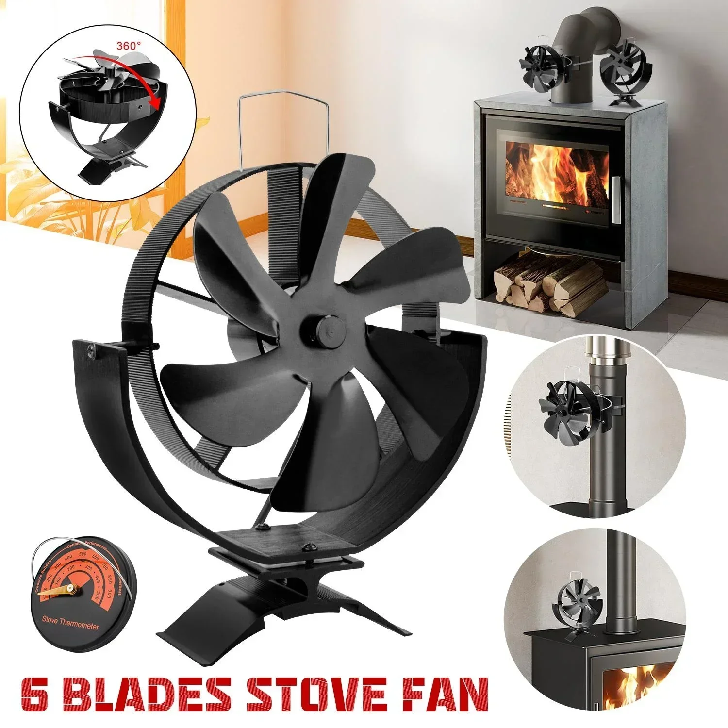 6 Blades Stove Fan Heat Powered Fireplace Fan 360&deg; Rotating for Home Winter
