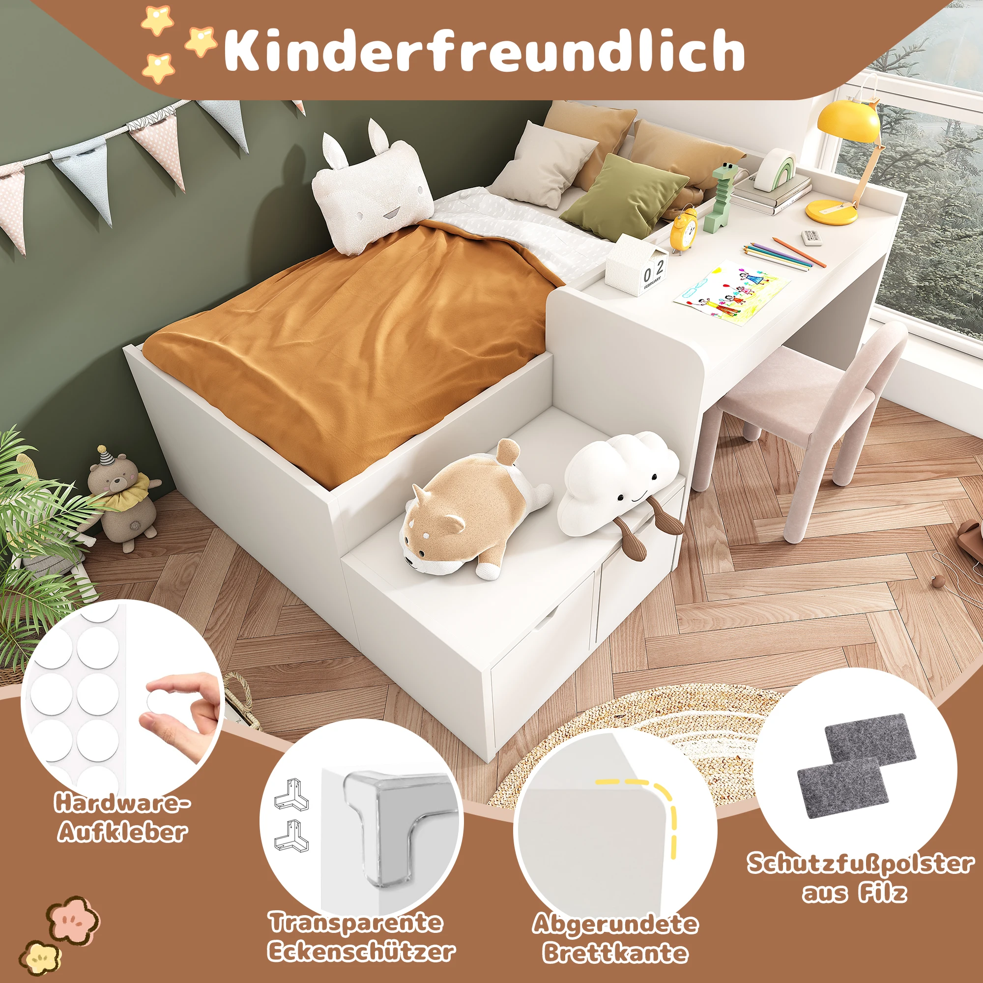 KOMHTOM Kinderbett Einzelbett 90x200 cm Weiß - Schreibtisch und Schubladen, Stauraumbett, ohne Matratze – Detail 4