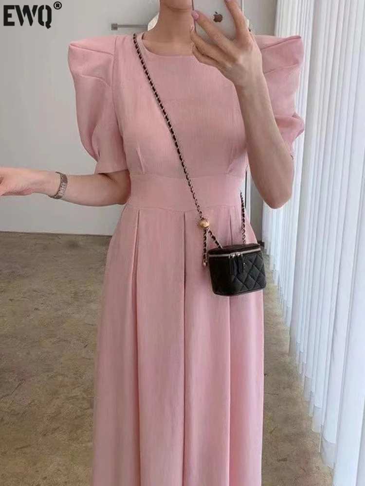 

[EWQ] Women Bubble Sleeve Wide Leg Jumpsuit Pants O-neck Fashion Pleated Waist Solid Causal Jumpsuits 2023 Summer New Tide Y9311