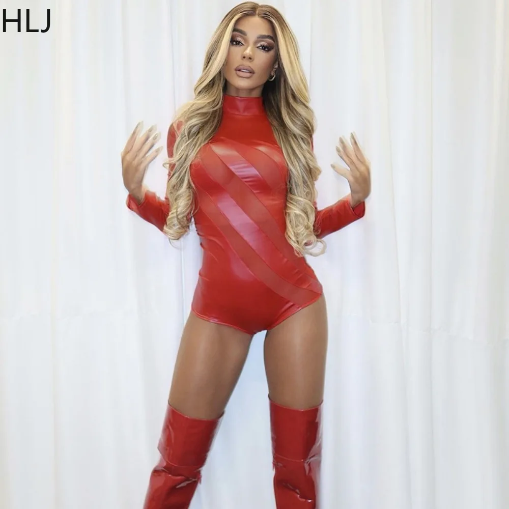 HLJ Sexy Mesh Perspective Bodysuits Women Round Neck Long Sleeve Bodycon Jumpsuits Fashion Female Patchwork Nightclub Overalls