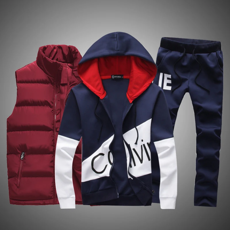 Sportswear Men Set Letter Sportswear Sweatsuit Large Size Sporting Suits Tracksuit Male Track Suit Jacket Hoodie with Vest 3 Set