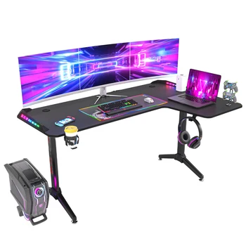 L Shape Computer Gaming Desk RGB Led Lighted Table with Headphone Hook and Cup Holder