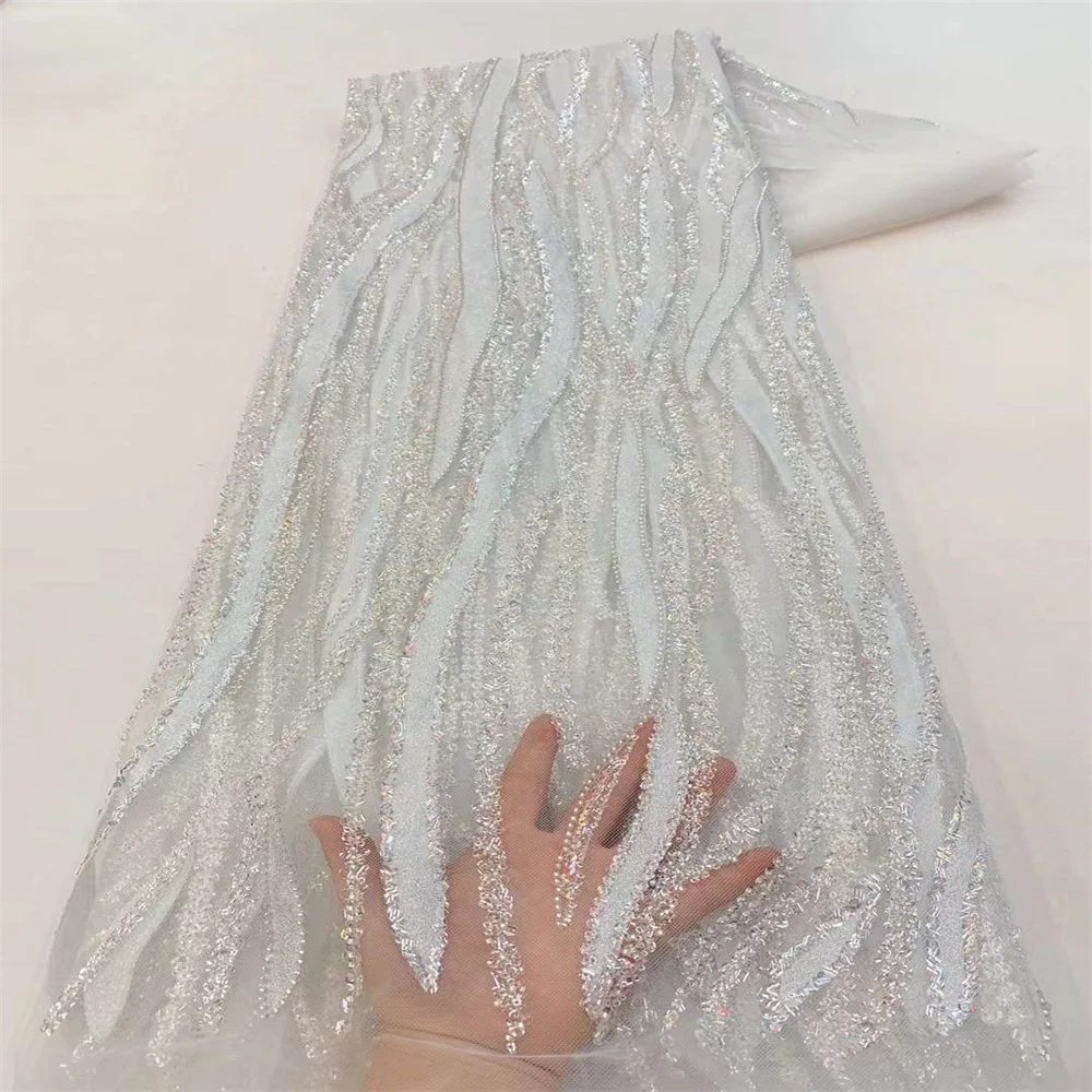 

2024 High Quality African Nigerian Latest Embroidery Sequins Tulle Lace Fabric Sewing Guipure Prom Dresses Beads 5Yards x-0390