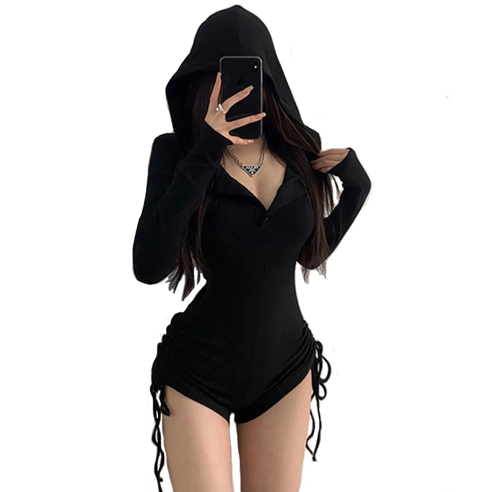 Combinaisons pour femmes Y2k Shorts combishorts années 90 Vintage Slim décontracté Sexy body manches longues esthétique Punk corée à capuche avec chapeau