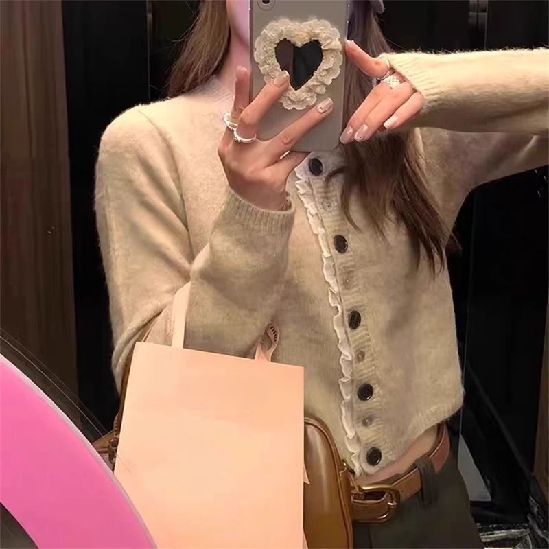 Women Knitted Lace Ruffles Long Sleeve Elegant Cardigan Sweater