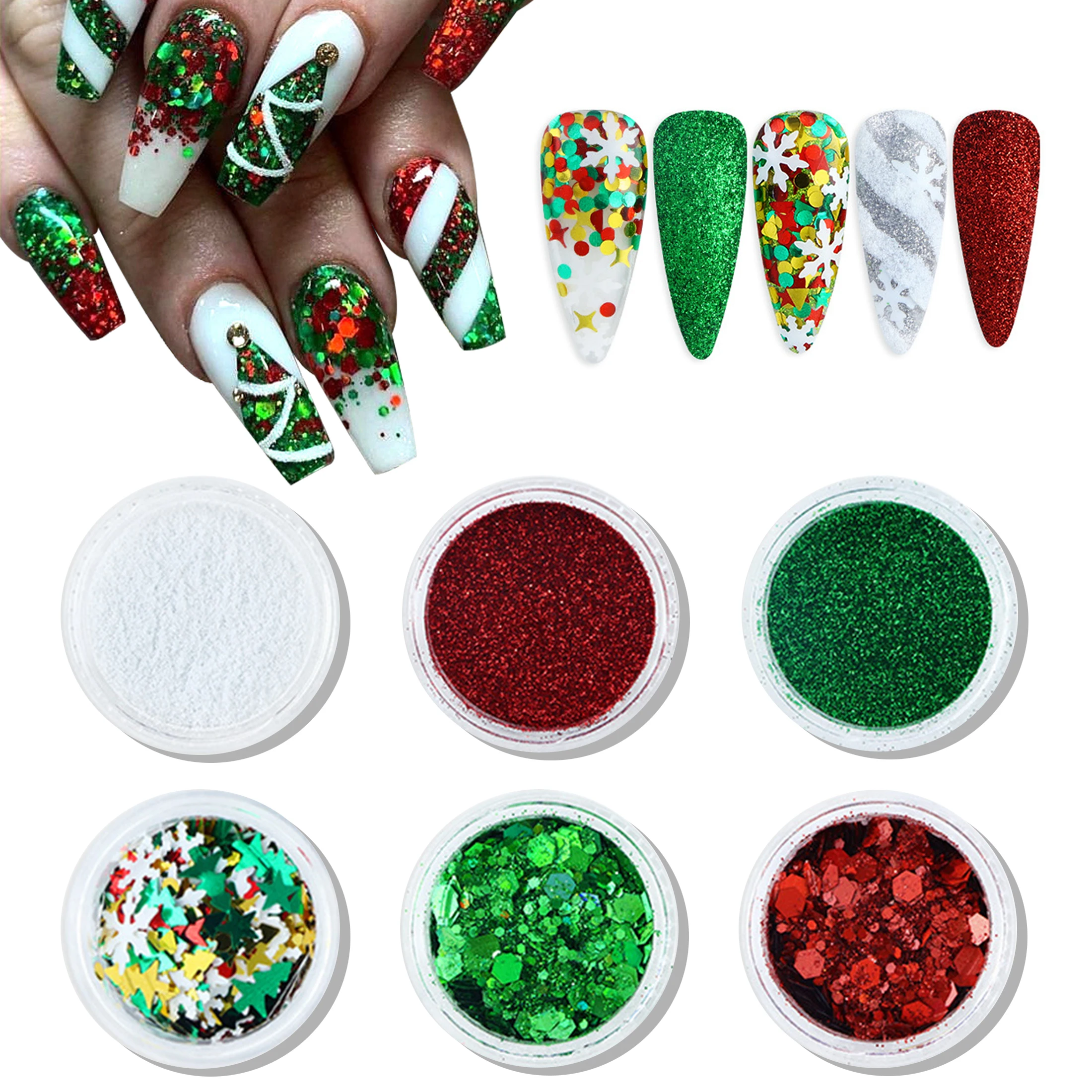 6pcs/set Christmas White Sequins Nail Art Glitter Powder Mermaid Dust Small Flakes Decorations for DIY Nails Glitters nail powder nail glitter nail decoration nail decorations nail flakes nail powder set