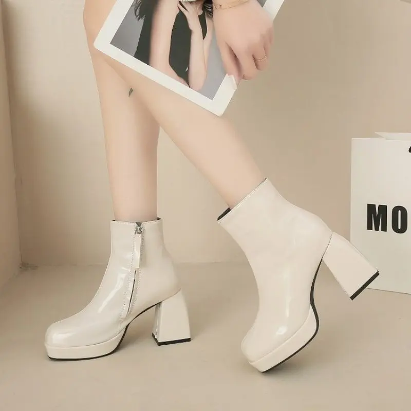 Square Toes Thick Heel Womens Fashion Boots Winter Boots Platform Boots Simple and Elegant English Style Fashion Casual