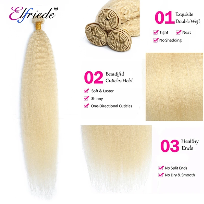 Elfriede #613 Blonde Kinky Straight Human Hair Bundles Human Hair Extensions Remy Weaves 3/4 Bundles Weft