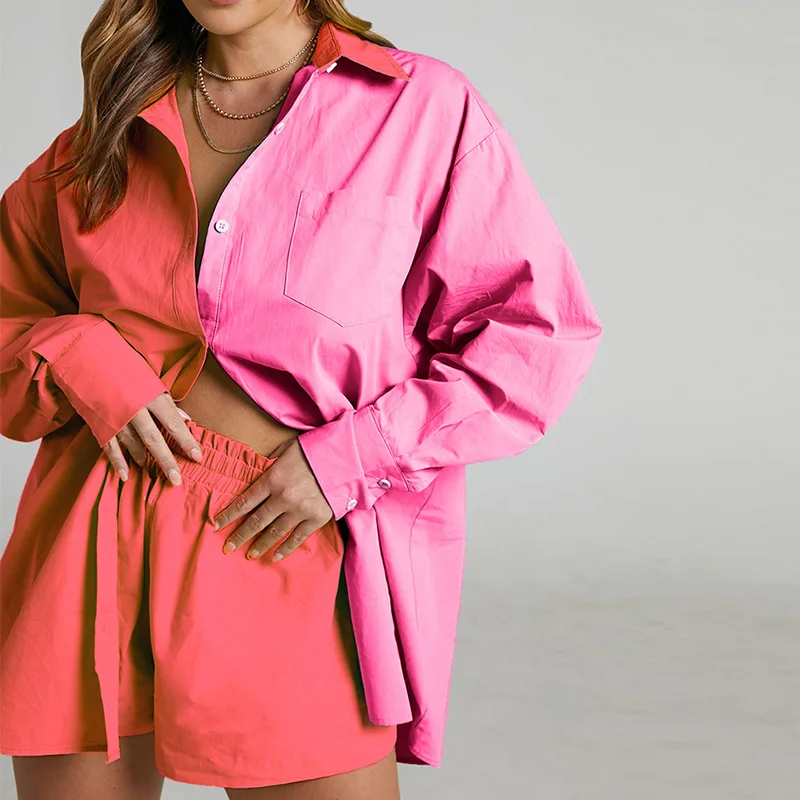 Colorblock 2 Piece Shorts Sets Summer Pockets Shirts Women Clothes Long Sleeve Button Tops High Waist Fashion Casual Clothing