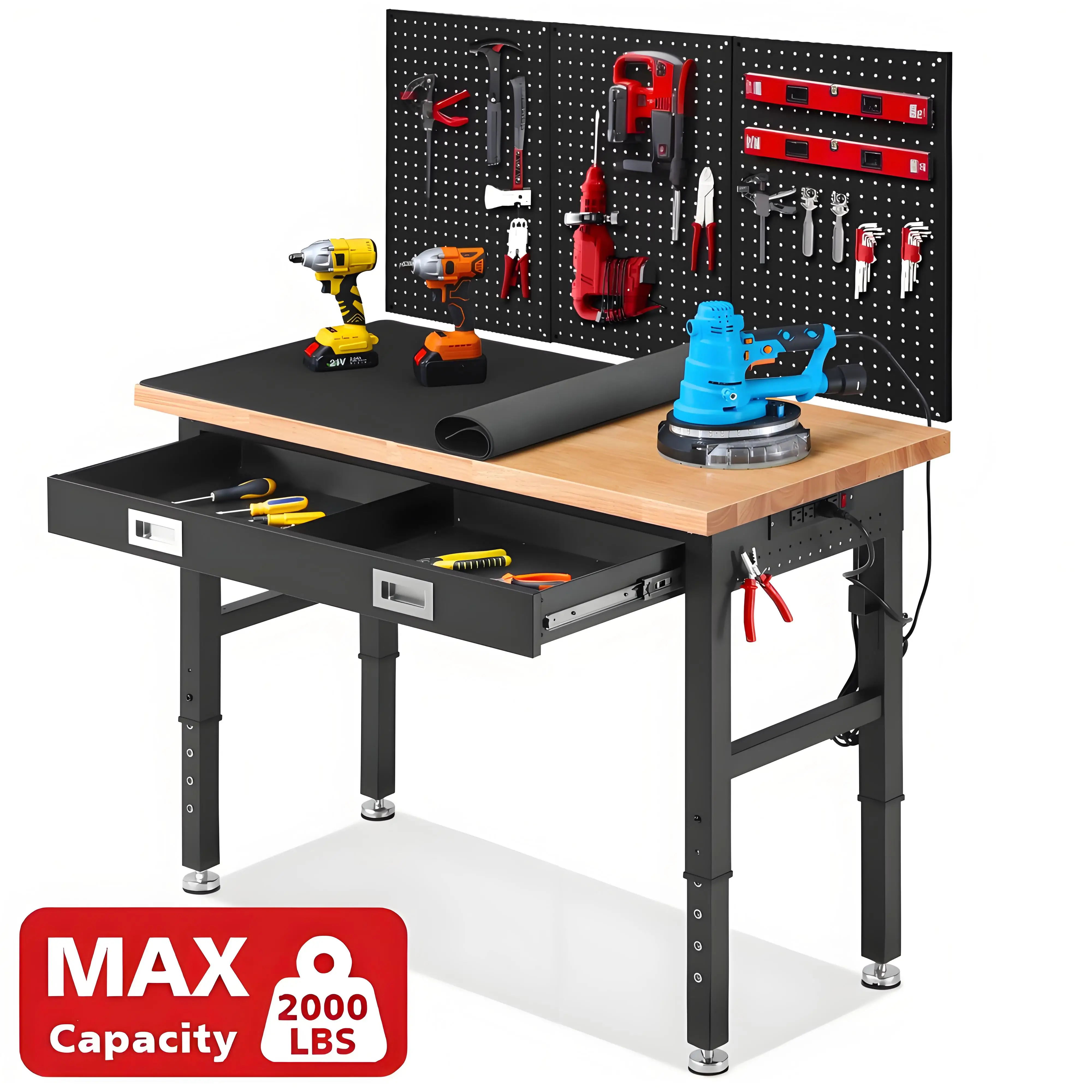 Wood Work Bench with Drawer and Storage Pegboards for Woodworking
