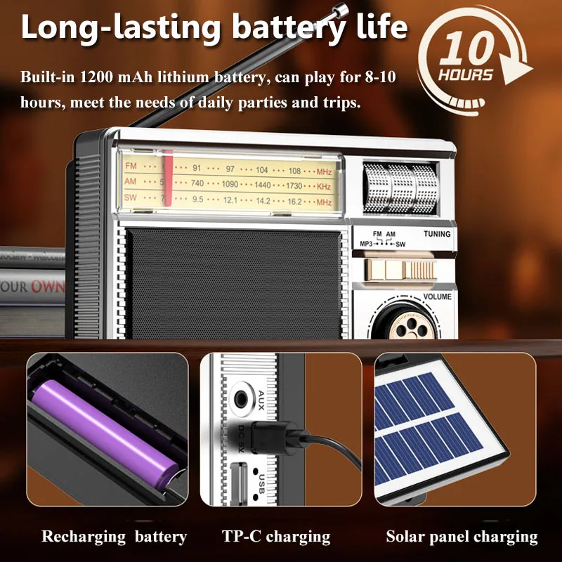 Portable Emergency Full Band Radio Solar Powered Vintage FM AM SW Radios Recevier Wireless Bluetooth Speaker with TF USB Port
