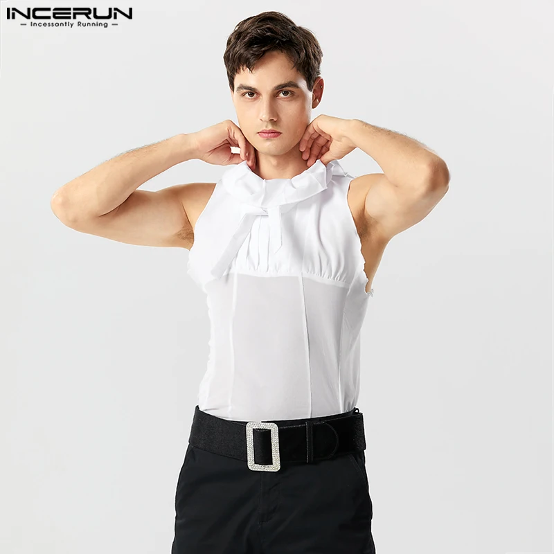 INCERUN 남성용 탱크 탑, 플리츠 메쉬 패치워크, 터틀넥 민소매 패션 조끼, 스트리트웨어 2023, 시스루 섹시한 남성 의류