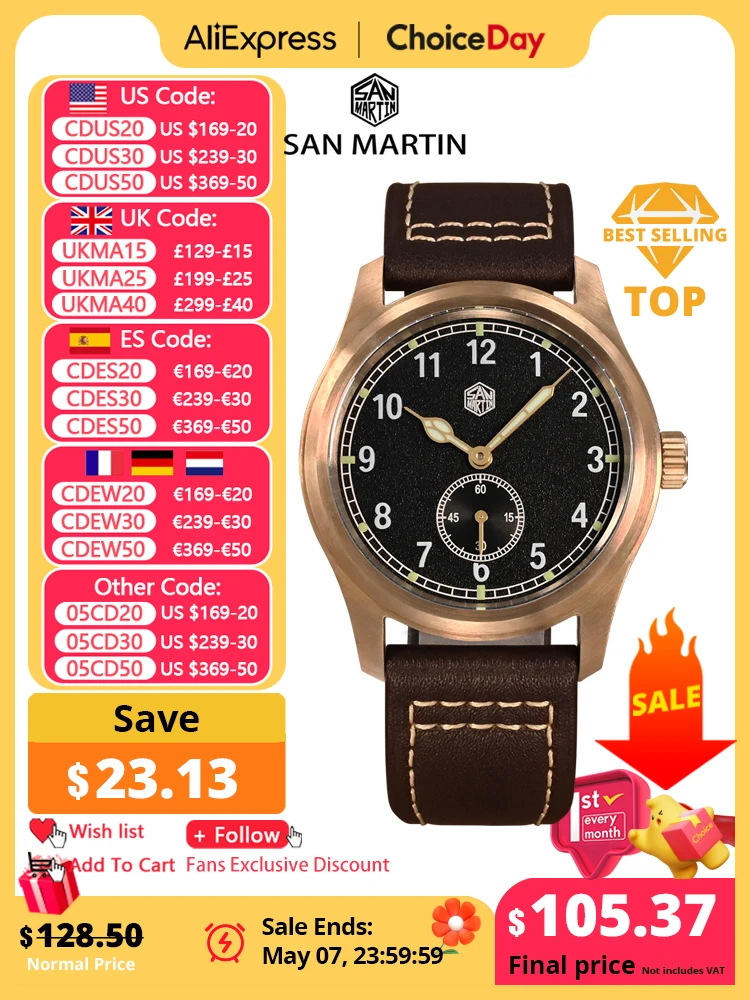 

San Martin 37mm Bronze Pilot RONDA 6004 Men Watch Vintage Military Simple Fashion Style Quartz Clock Leather 10 Bar Relojes