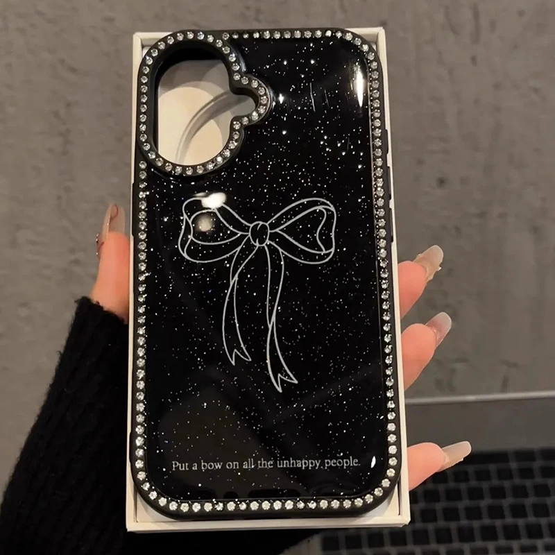 Ins Fashion Glitter Diamond Bling Bow Glossy Case For iPhone 16 15 13 14 Pro Max Shockproof TPU Phone Cover Shell