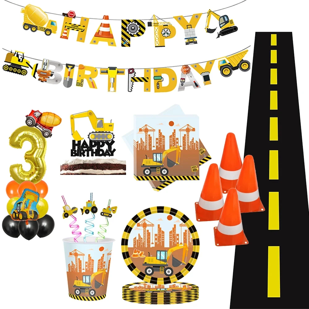 Construction Bulldozer Series Disposable Tableware set Paper Cups Plates excavator Truck Balloon Boy\'s Birthday Party Decoration