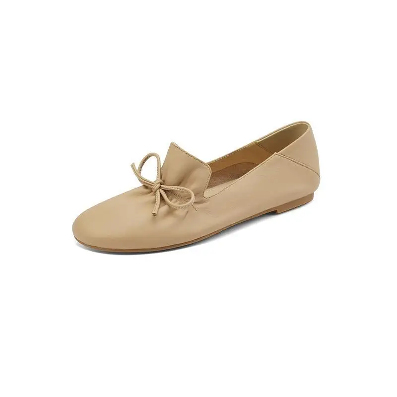 Genuine leather loafers 2024 spring/summer new flat bottomed round toe bow single shoe for women