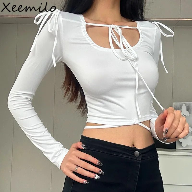

Xeemilo Autumn Long Sleeve Lace Up T Shirt Women Draw-string Bandage Round Collar Crop Tops 2023 Casual Simple Basic T-shirts