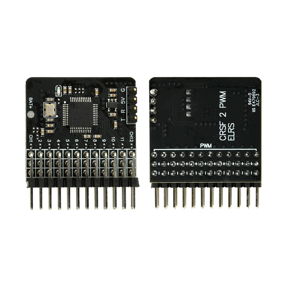 Détail de la carte adaptateur PWM 12 canaux CRSF/ELRS vers PWM avec câblage de télémétrie batterie 6S.