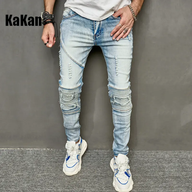 Kakan - New Washed Old Personalized Perforated Jeans for Men, High Street Small Foot Slim Fit Versatile Long Jeans K49-7006