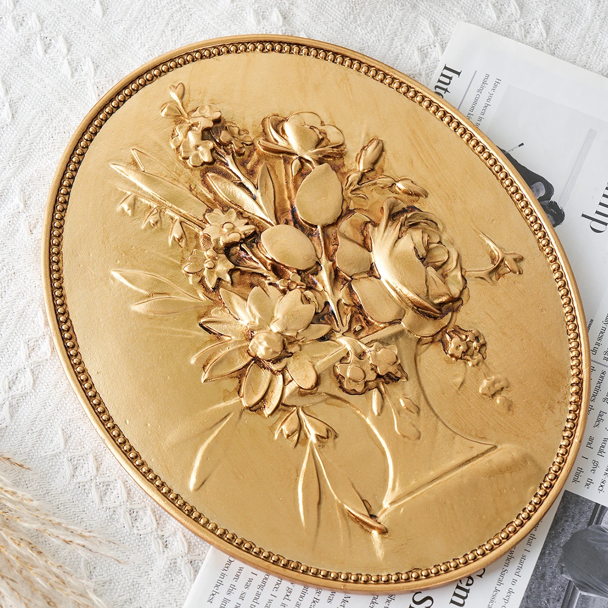 1PC, retro golden oval-shaped faux relief carved wall decoration, hand-painted resin material for home wall decoration