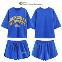 Preppy Style 2 pièces bleu ensemble court pour femmes effet délavé texte coton manches courtes sweat et cordon de serrage ceinture Shorts 1