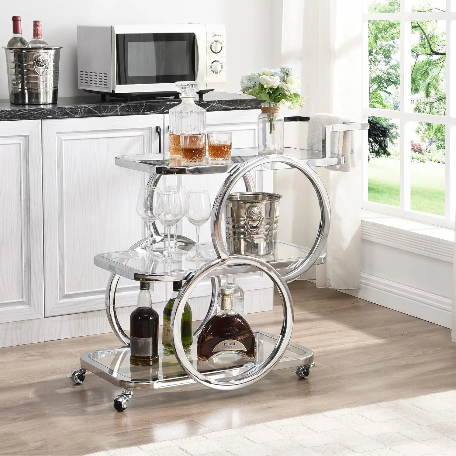 Home Bar Serving Carts 3 Tier Kitchen Carts on Wheels Mobile Bar Carts for Home Kitchen Dining Room Living Room Party, Chrome 2