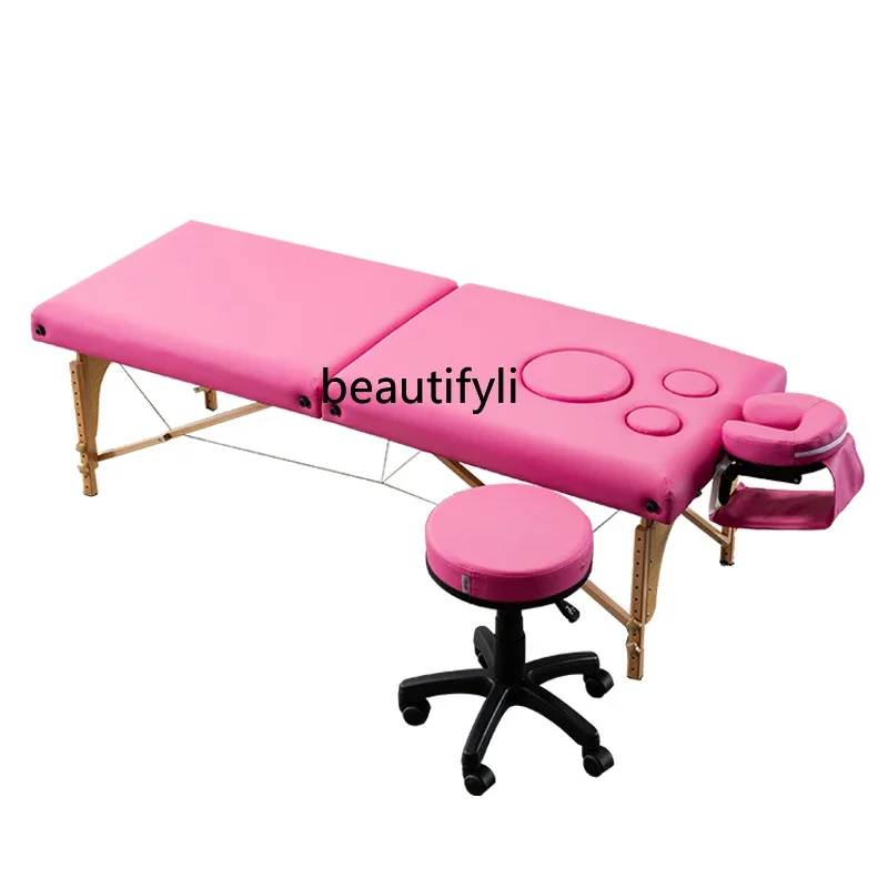 Folding Lactation Massage Bed Massage Therapy with Chest Hole Beauty Salon Special Needle Moxibustion Fumigation Solid Wood Bed