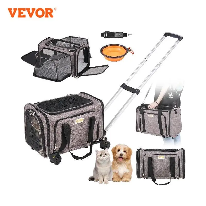 VEVOR Trasportino per Cani e Gatti Approvato dalla Compagnia Aerea, Carico Massimo 11,3 kg Borsa per Animali Domestici con Maniglia Telescopica con Ruote, Tessuto Oxford 600D, Cerniera Autobloccante