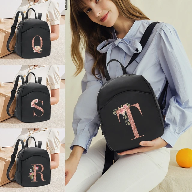 Mochilas pequeñas de moda para mujer, Mini bolsos escolares con estampado  de letras de oro rosa, mochila de hombro informal negra para niña -  AliExpress