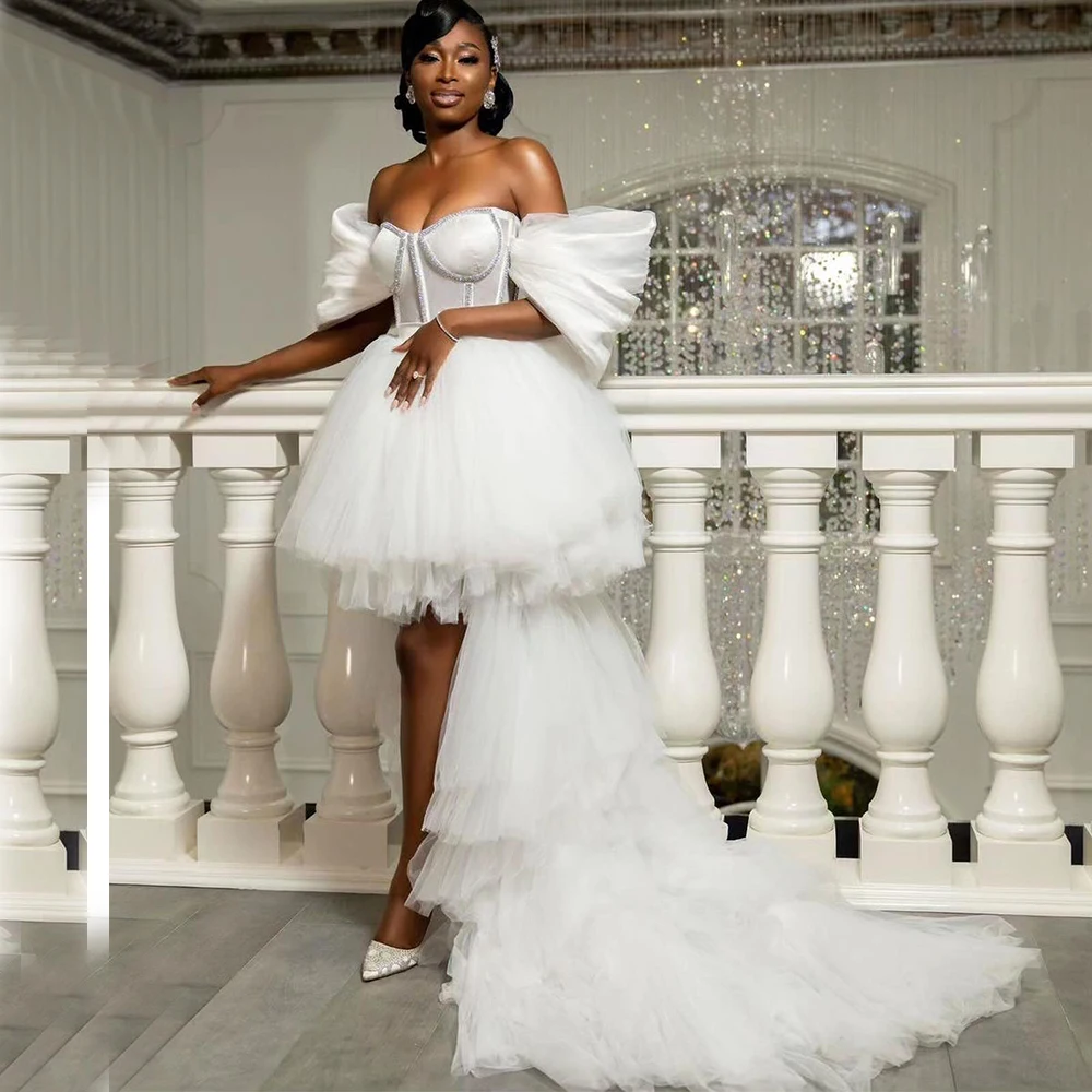 High Low Bride Robe for Wedding Off Shoulder Sweet Heart Corset Back Beads Tulle Tiered Africa Bridal Shower Dresses Customized