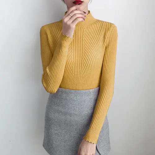 Black White Yellow Pink Flower Turtleneck Sweater Women Chic Tops Girl Knitt Pullovers Long Sleeve Jumper Pull Femme Clothing - Image 2