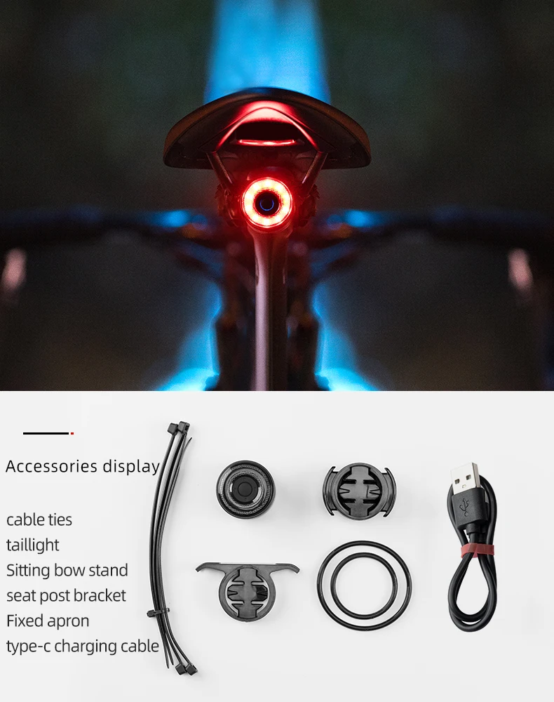 ROCKBROS Bike Tail Light MTB Road Bike Night Cycling Rear Light Smart Brake Sensor Warning Light Waterproof Bicycle Accessories