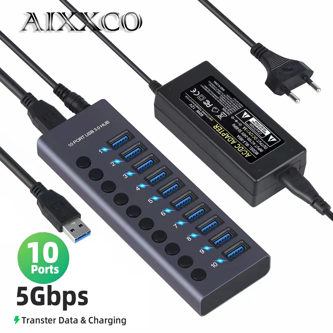 Metal Multi Hub Usb com Interruptor Multi Splitter Adaptador de Energia Expansor Múltiplo Acessórios para Notebook Portas Portas 10 Portas 2.0