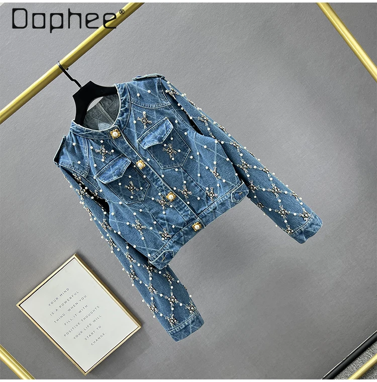 Beaded Diamond Denim Jacket for Women Trendy 2024 New Autumn Streetwear Heavy Full Rhinestones Slim-Fit Blue Jean Jackets Woman