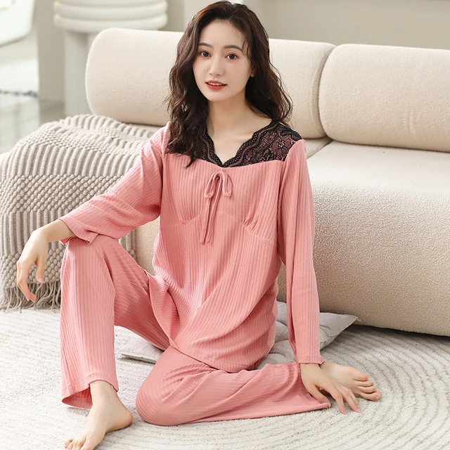 Pijama solto de algodão feminino, roupa para maternidade, pijama modal,  roupas de casa grandes, outono - AliExpress