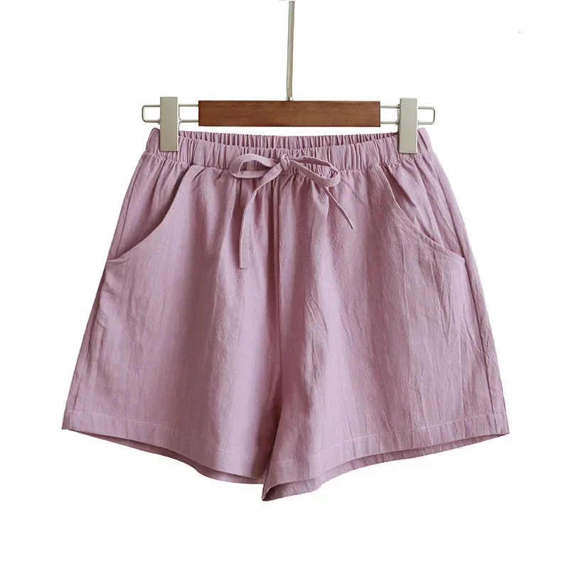 

Summer Female Cotton Linen Hot Sexy Shorts Home Fitness Sports Shorts Girl Wide Leg Casual Lace Up Women Loose Cute Pink Shorts