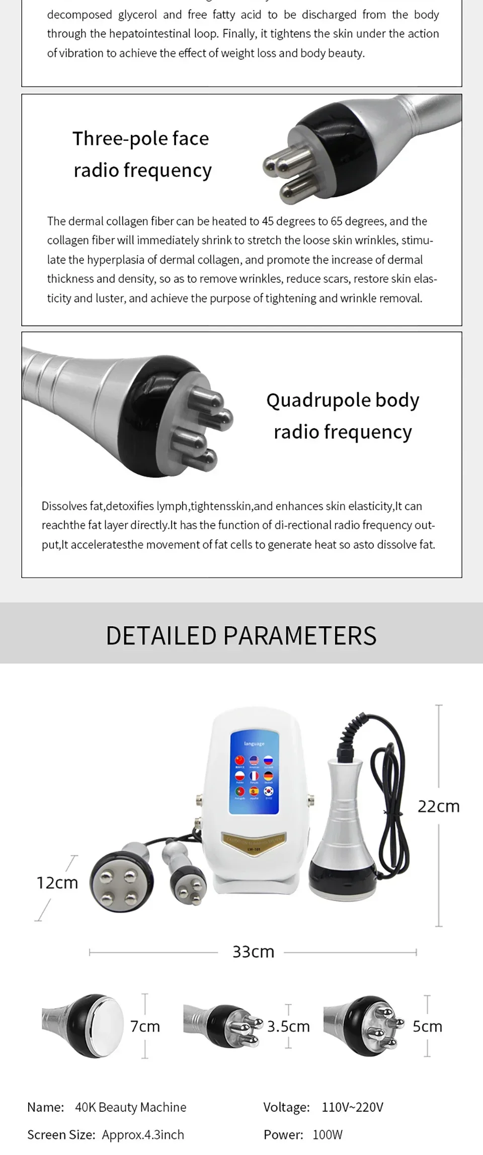2025 Hot Selling 40K Ultrasonic Cavitation Body Facial Radiofrequency Massage We