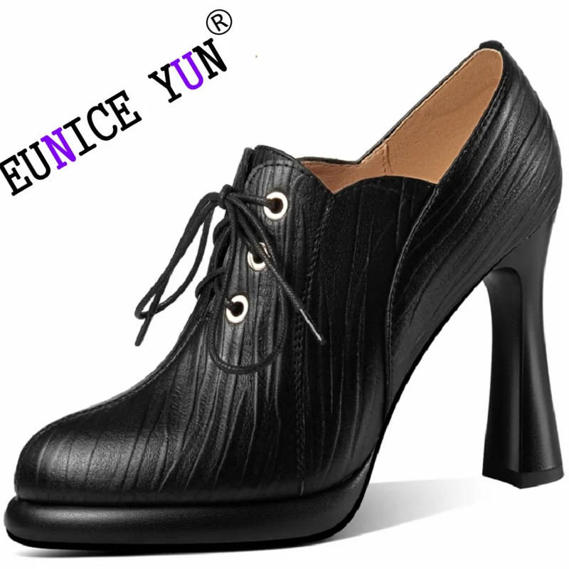 

【EUNICE YUN】Women Genuine Leather Pumps Platform Thin High Heels Pointed Toe Lace Up Concise Party Fashion Spring Autumn Shoes