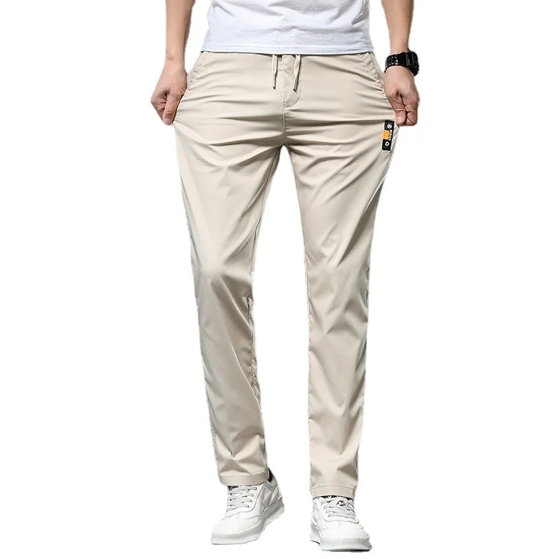Summer Lightweight Casual Pants Men Gray Ice Silk Straight Elastic Waist Trousers