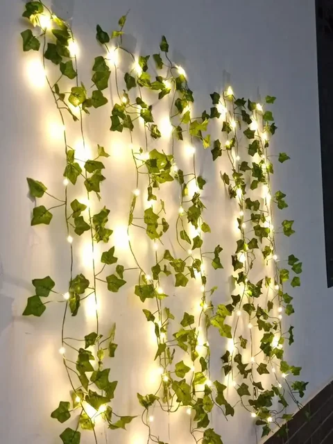 Guirlande lumineuse LED de 2 mètres, vigne verte artificielle, maison, noël, mariage, jardin de mariée, plantes vertes suspendues, décoration de fête DIY 4