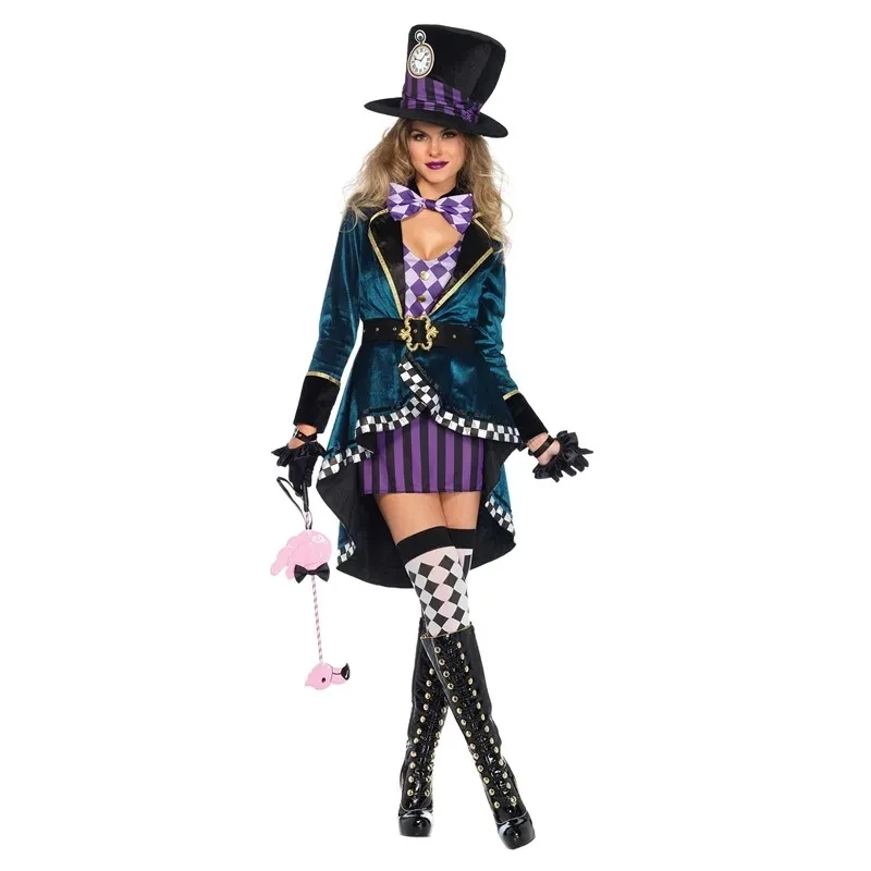 

Halloween Alice In Wonderland Clock Mad Hatter Cosplay Costume Carnival Sexy Adult Women Magic Show Tuxedo Fancy Dress