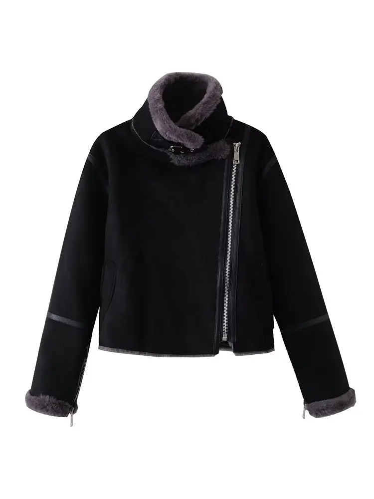 

Cropped Long Sleeved Faux Fur Overcoat Fashion Elegant Women's Solid Short Top 2023 Autumn/Winter Chic Casual Warm Jacket Female