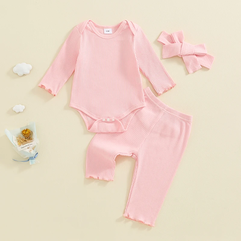 Girls Clothing Set 0-18M Newborn Baby 3pcs Solid Color Ribbed Long Sleeve Romper + Pants + Headband