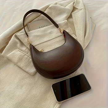 حقيبة يد كلاسيكية على شكل نصف قمر من جلد البولي يوريثان، حقائب كتف للنساء، حزام قابل للفصل، إغلاق بسحاب، بطانة من البوليستر 3